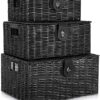 Set of 3 Woven Storage Basket Bin Wicker Hamper Stackable Box with Lid & Lock, Container Tote Cube Organizer for Nursery, Baby Toiletry, Diaper, Toys, Home Closet, Laundry, DVD, Book (Grey)