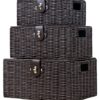 Set of 3 Woven Storage Basket Bin Wicker Hamper Stackable Box with Lid & Lock, Container Tote Cube Organizer for Nursery, Baby Toiletry, Diaper, Toys, Home Closet, Laundry, DVD, Book (Grey)
