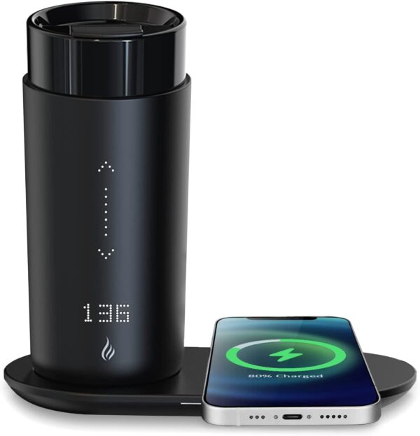 Temperature Control Heated Coffee Mug Smart Self Heating Travel Mug 12 Oz App Controlled Warmer Mug 4-10 Hour LED Display Keep Coffee Hot All Day Fast Wireless Charger Base Jade Green