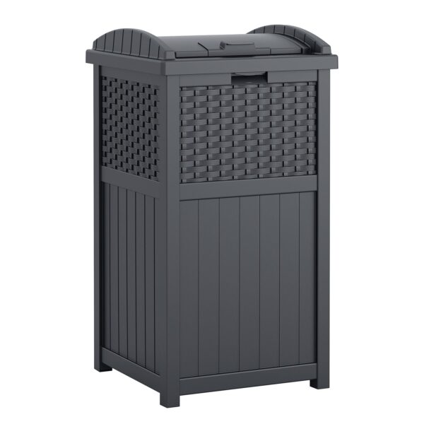 Suncast 33 Gallon Commercial Outdoor Trashcan Hideaway with Lid for 30 to 33 Gallon Trash Bags for Garage, Backyard, or Garden, Brown