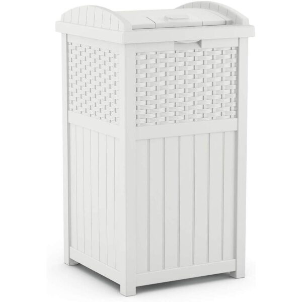 Suncast 33 Gallon Commercial Outdoor Trashcan Hideaway with Lid for 30 to 33 Gallon Trash Bags for Garage, Backyard, or Garden, Brown
