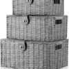 Set of 3 Woven Storage Basket Bin Wicker Hamper Stackable Box with Lid & Lock, Container Tote Cube Organizer for Nursery, Baby Toiletry, Diaper, Toys, Home Closet, Laundry, DVD, Book (Grey)
