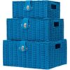 Set of 3 Woven Storage Basket Bin Wicker Hamper Stackable Box with Lid & Lock, Container Tote Cube Organizer for Nursery, Baby Toiletry, Diaper, Toys, Home Closet, Laundry, DVD, Book (Grey)