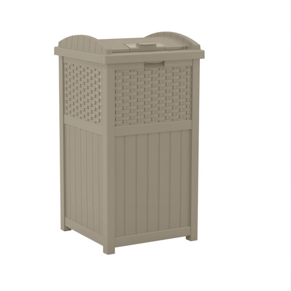 Suncast 33 Gallon Commercial Outdoor Trashcan Hideaway with Lid for 30 to 33 Gallon Trash Bags for Garage, Backyard, or Garden, Brown