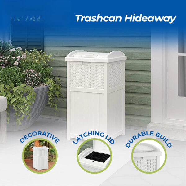 Suncast 33 Gallon Commercial Outdoor Trashcan Hideaway with Lid for 30 to 33 Gallon Trash Bags for Garage, Backyard, or Garden, Brown