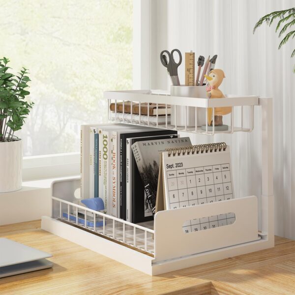 Under Sink Organizer, Pull Out Cabinet Organizer 2 Tier Slide Out Sink Shelf Cabinet Storage Shelves, Under Sink Storage for Kitchen Bathroom Cabinet, White, 1 Pack