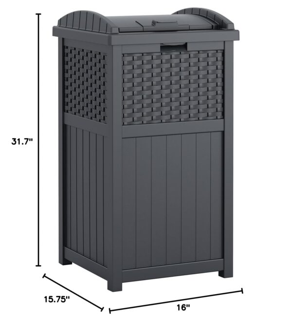Suncast 33 Gallon Commercial Outdoor Trashcan Hideaway with Lid for 30 to 33 Gallon Trash Bags for Garage, Backyard, or Garden, Brown