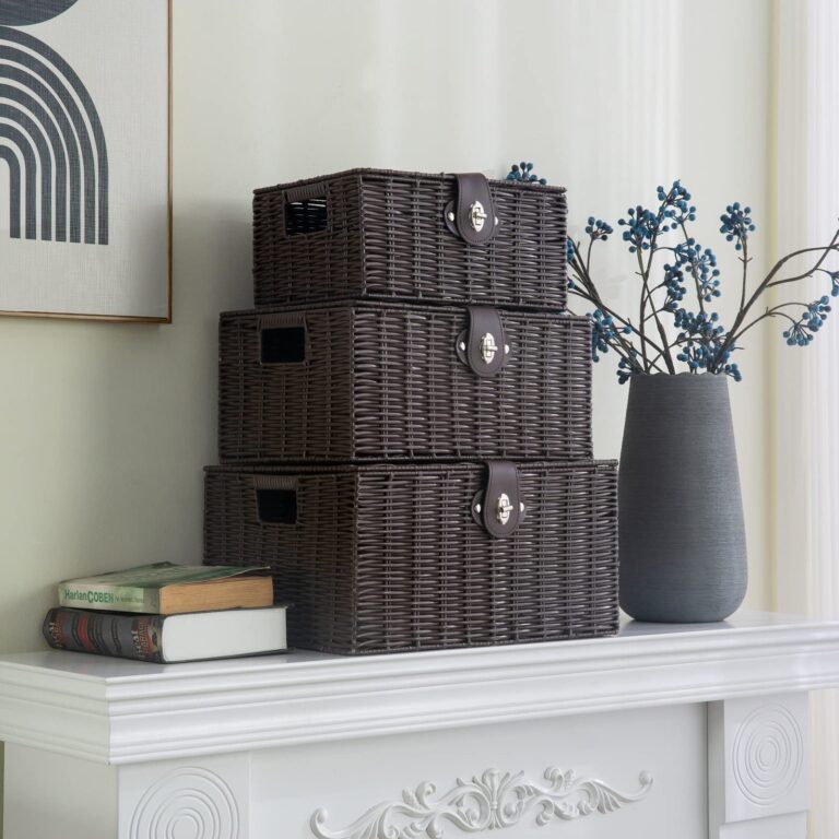 Set of 3 Woven Storage Basket Bin Wicker Hamper Stackable Box with Lid & Lock, Container Tote Cube Organizer for Nursery, Baby Toiletry, Diaper, Toys, Home Closet, Laundry, DVD, Book (Grey)