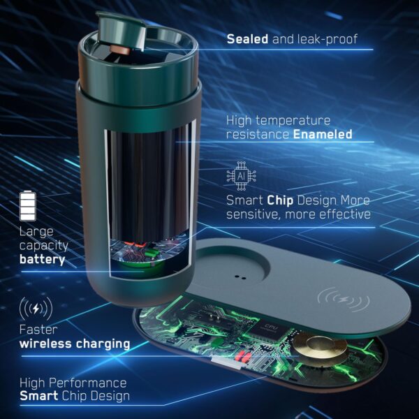 Temperature Control Heated Coffee Mug Smart Self Heating Travel Mug 12 Oz App Controlled Warmer Mug 4-10 Hour LED Display Keep Coffee Hot All Day Fast Wireless Charger Base Jade Green