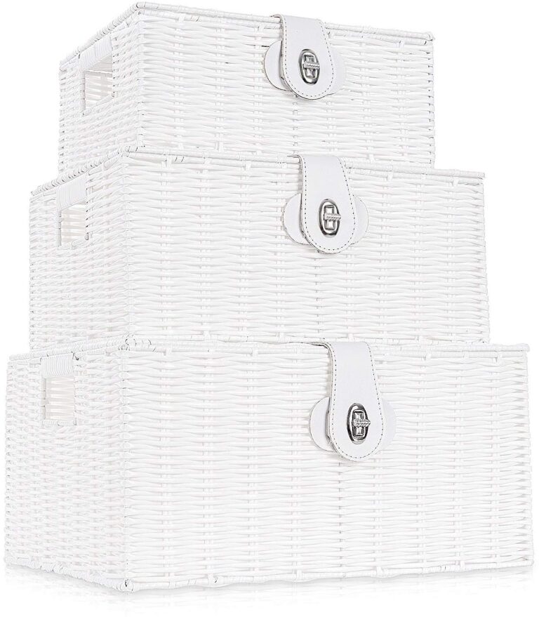 Set of 3 Woven Storage Basket Bin Wicker Hamper Stackable Box with Lid & Lock, Container Tote Cube Organizer for Nursery, Baby Toiletry, Diaper, Toys, Home Closet, Laundry, DVD, Book (Grey)