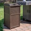 Suncast 33 Gallon Commercial Outdoor Trashcan Hideaway with Lid for 30 to 33 Gallon Trash Bags for Garage, Backyard, or Garden, Brown
