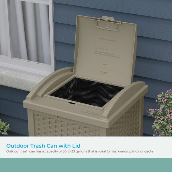 Suncast 33 Gallon Commercial Outdoor Trashcan Hideaway with Lid for 30 to 33 Gallon Trash Bags for Garage, Backyard, or Garden, Brown