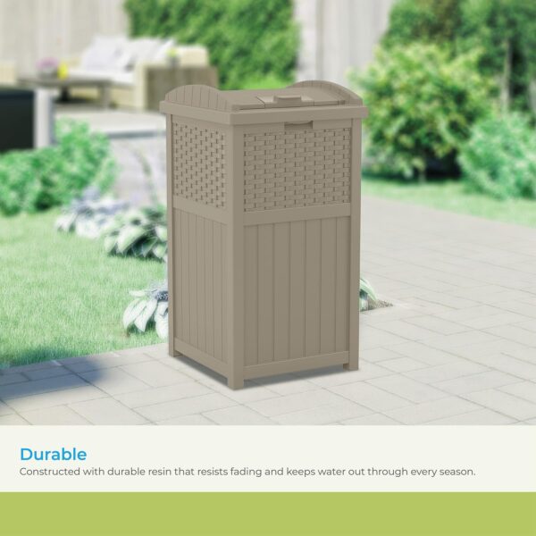 Suncast 33 Gallon Commercial Outdoor Trashcan Hideaway with Lid for 30 to 33 Gallon Trash Bags for Garage, Backyard, or Garden, Brown