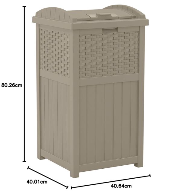 Suncast 33 Gallon Commercial Outdoor Trashcan Hideaway with Lid for 30 to 33 Gallon Trash Bags for Garage, Backyard, or Garden, Brown