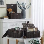 Set of 3 Woven Storage Basket Bin Wicker Hamper Stackable Box with Lid & Lock, Container Tote Cube Organizer for Nursery, Baby Toiletry, Diaper, Toys, Home Closet, Laundry, DVD, Book (Grey)
