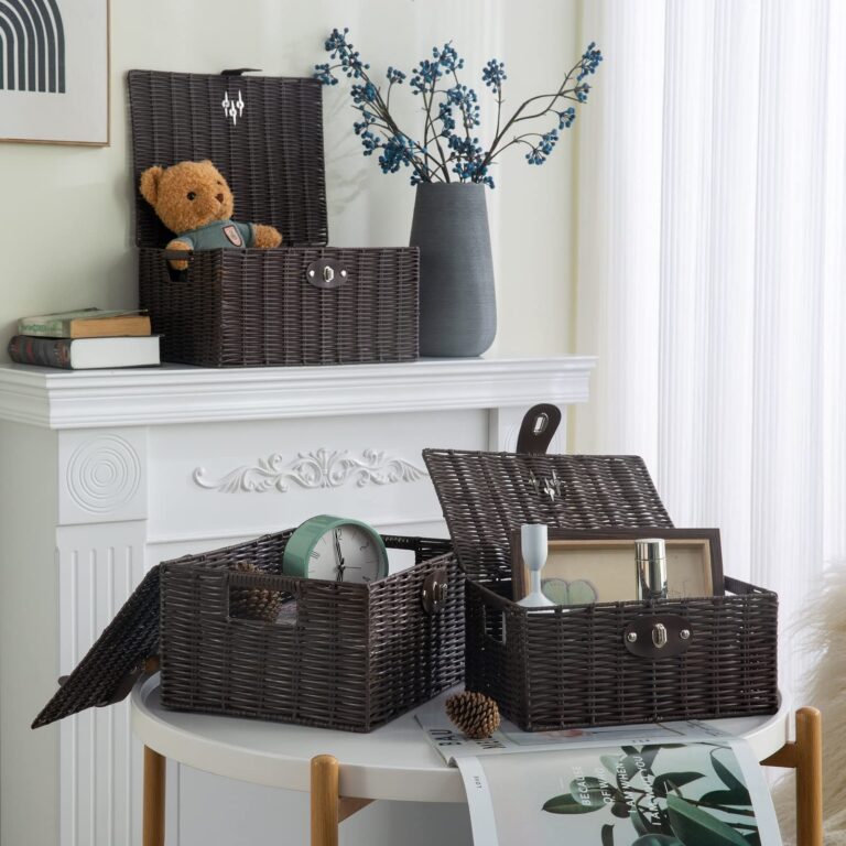 Set of 3 Woven Storage Basket Bin Wicker Hamper Stackable Box with Lid & Lock, Container Tote Cube Organizer for Nursery, Baby Toiletry, Diaper, Toys, Home Closet, Laundry, DVD, Book (Grey)
