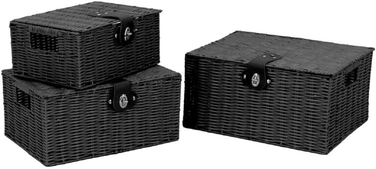 Set of 3 Woven Storage Basket Bin Wicker Hamper Stackable Box with Lid & Lock, Container Tote Cube Organizer for Nursery, Baby Toiletry, Diaper, Toys, Home Closet, Laundry, DVD, Book (Grey)