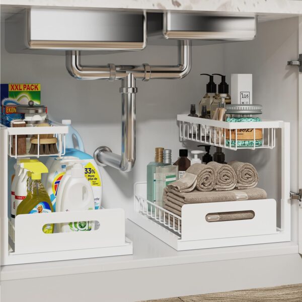 Under Sink Organizer, Pull Out Cabinet Organizer 2 Tier Slide Out Sink Shelf Cabinet Storage Shelves, Under Sink Storage for Kitchen Bathroom Cabinet, White, 1 Pack