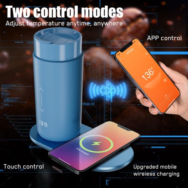 Temperature Control Heated Coffee Mug Smart Self Heating Travel Mug 12 Oz App Controlled Warmer Mug 4-10 Hour LED Display Keep Coffee Hot All Day Fast Wireless Charger Base Jade Green
