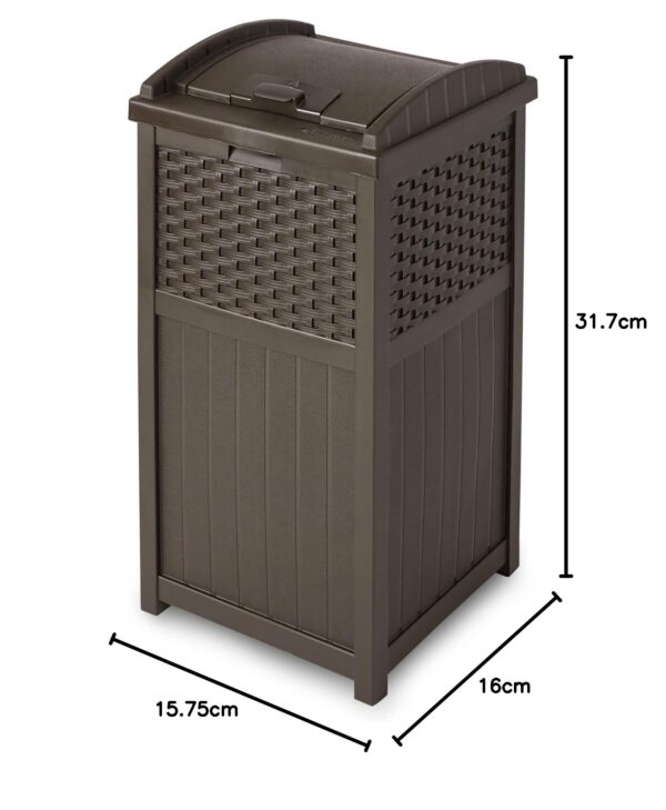 Suncast 33 Gallon Commercial Outdoor Trashcan Hideaway with Lid for 30 to 33 Gallon Trash Bags for Garage, Backyard, or Garden, Brown
