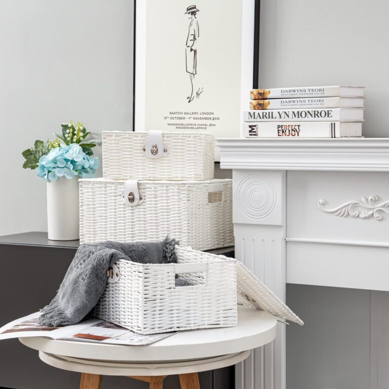 Set of 3 Woven Storage Basket Bin Wicker Hamper Stackable Box with Lid & Lock, Container Tote Cube Organizer for Nursery, Baby Toiletry, Diaper, Toys, Home Closet, Laundry, DVD, Book (Grey)