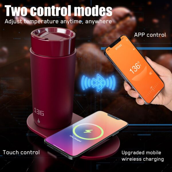 Temperature Control Heated Coffee Mug Smart Self Heating Travel Mug 12 Oz App Controlled Warmer Mug 4-10 Hour LED Display Keep Coffee Hot All Day Fast Wireless Charger Base Jade Green