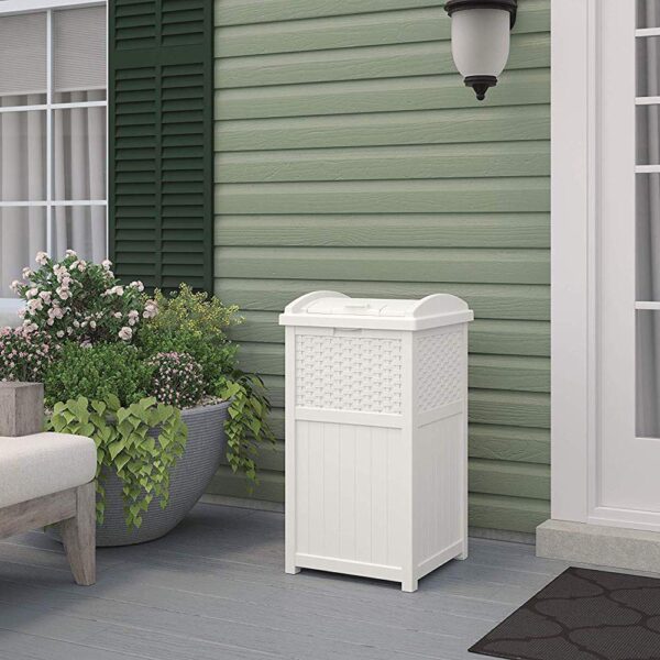 Suncast 33 Gallon Commercial Outdoor Trashcan Hideaway with Lid for 30 to 33 Gallon Trash Bags for Garage, Backyard, or Garden, Brown