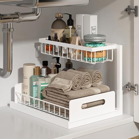 Under Sink Organizer, Pull Out Cabinet Organizer 2 Tier Slide Out Sink Shelf Cabinet Storage Shelves, Under Sink Storage for Kitchen Bathroom Cabinet, White, 1 Pack