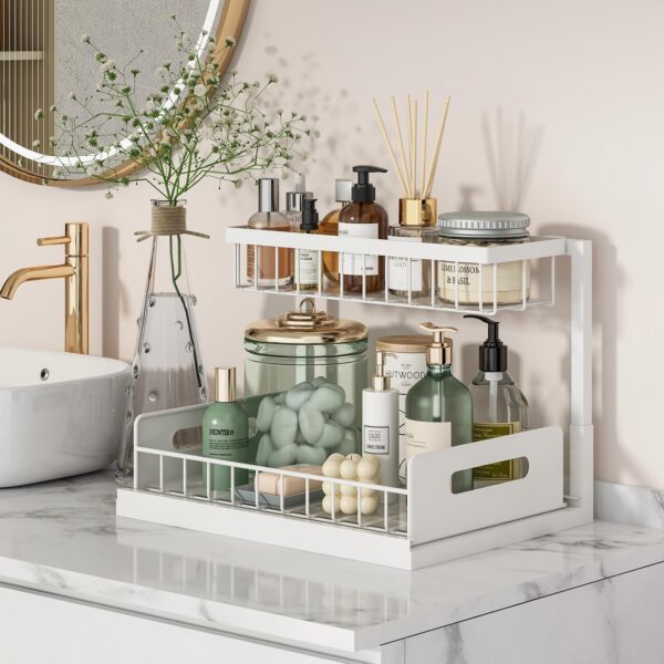 Under Sink Organizer, Pull Out Cabinet Organizer 2 Tier Slide Out Sink Shelf Cabinet Storage Shelves, Under Sink Storage for Kitchen Bathroom Cabinet, White, 1 Pack