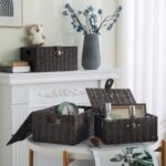 Set of 3 Woven Storage Basket Bin Wicker Hamper Stackable Box with Lid & Lock, Container Tote Cube Organizer for Nursery, Baby Toiletry, Diaper, Toys, Home Closet, Laundry, DVD, Book (Grey)