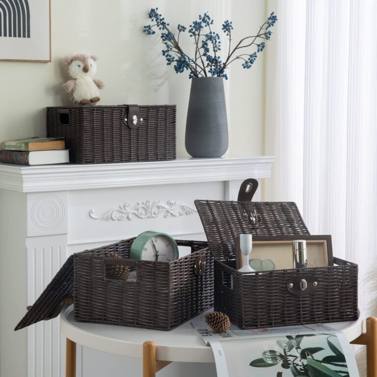 Set of 3 Woven Storage Basket Bin Wicker Hamper Stackable Box with Lid & Lock, Container Tote Cube Organizer for Nursery, Baby Toiletry, Diaper, Toys, Home Closet, Laundry, DVD, Book (Grey)