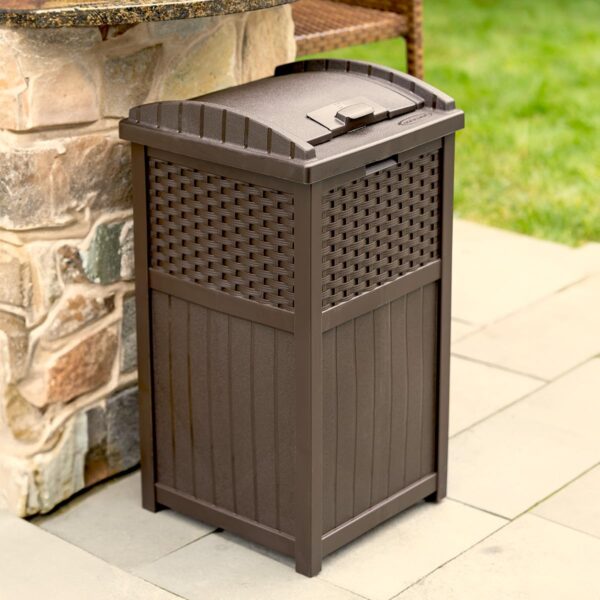 Suncast 33 Gallon Commercial Outdoor Trashcan Hideaway with Lid for 30 to 33 Gallon Trash Bags for Garage, Backyard, or Garden, Brown