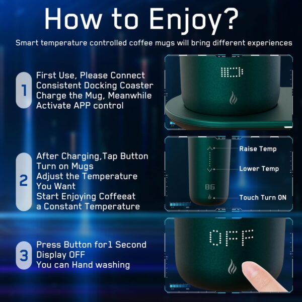 Temperature Control Heated Coffee Mug Smart Self Heating Travel Mug 12 Oz App Controlled Warmer Mug 4-10 Hour LED Display Keep Coffee Hot All Day Fast Wireless Charger Base Jade Green