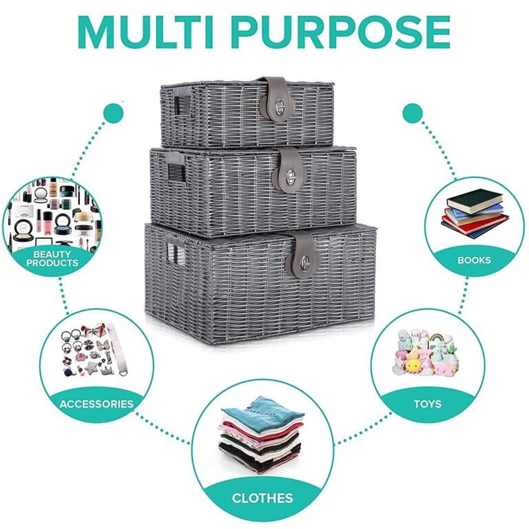 Set of 3 Woven Storage Basket Bin Wicker Hamper Stackable Box with Lid & Lock, Container Tote Cube Organizer for Nursery, Baby Toiletry, Diaper, Toys, Home Closet, Laundry, DVD, Book (Grey)