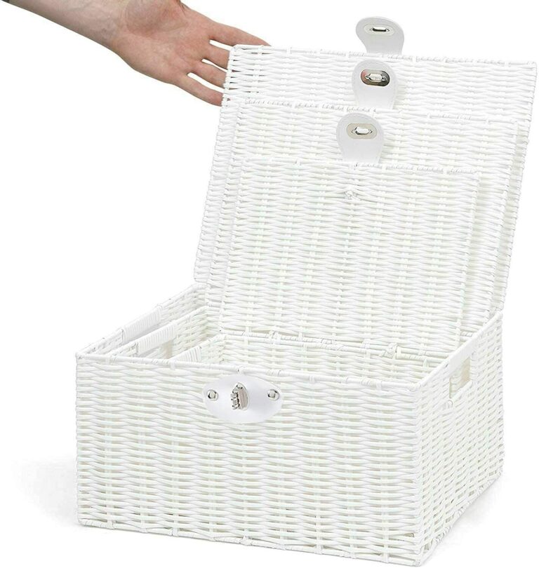 Set of 3 Woven Storage Basket Bin Wicker Hamper Stackable Box with Lid & Lock, Container Tote Cube Organizer for Nursery, Baby Toiletry, Diaper, Toys, Home Closet, Laundry, DVD, Book (Grey)