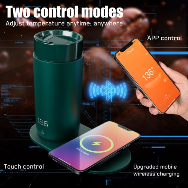 Temperature Control Heated Coffee Mug Smart Self Heating Travel Mug 12 Oz App Controlled Warmer Mug 4-10 Hour LED Display Keep Coffee Hot All Day Fast Wireless Charger Base Jade Green