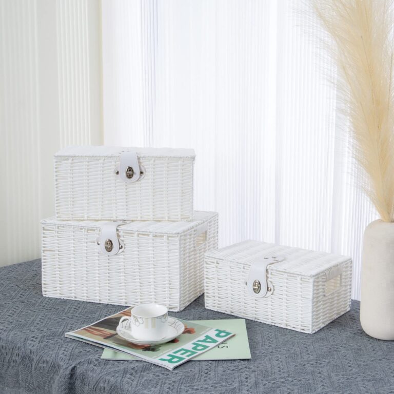 Set of 3 Woven Storage Basket Bin Wicker Hamper Stackable Box with Lid & Lock, Container Tote Cube Organizer for Nursery, Baby Toiletry, Diaper, Toys, Home Closet, Laundry, DVD, Book (Grey)