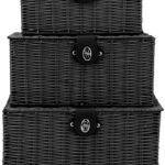 Set of 3 Woven Storage Basket Bin Wicker Hamper Stackable Box with Lid & Lock, Container Tote Cube Organizer for Nursery, Baby Toiletry, Diaper, Toys, Home Closet, Laundry, DVD, Book (Grey)