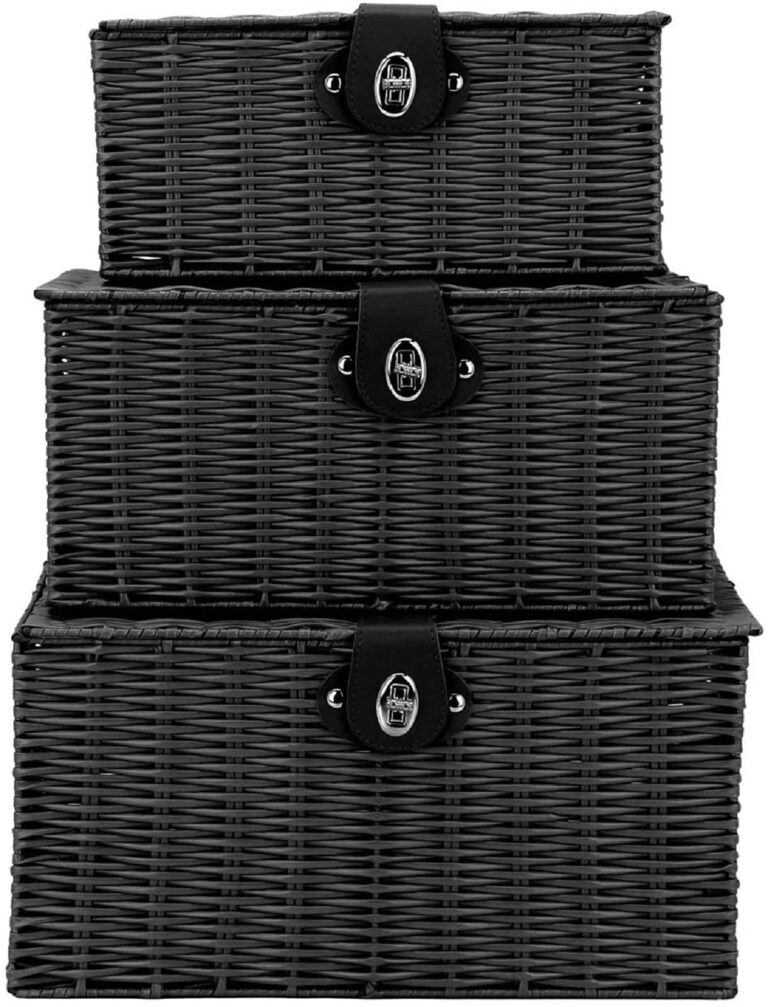 Set of 3 Woven Storage Basket Bin Wicker Hamper Stackable Box with Lid & Lock, Container Tote Cube Organizer for Nursery, Baby Toiletry, Diaper, Toys, Home Closet, Laundry, DVD, Book (Grey)