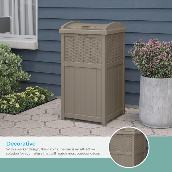 Suncast 33 Gallon Commercial Outdoor Trashcan Hideaway with Lid for 30 to 33 Gallon Trash Bags for Garage, Backyard, or Garden, Brown
