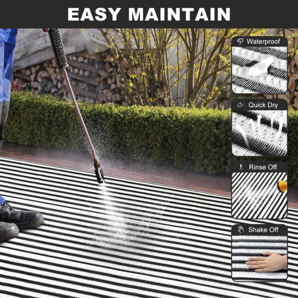 Outdoor Rug Waterproof for Patio Clearance Black and White Camping Rug 8x10 Plastic Straw Striped Floor Carpet for Backyard, Picnic, RV, Deck, Bench, Balcony