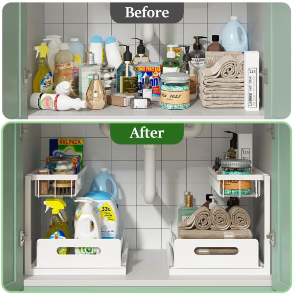 Under Sink Organizer, Pull Out Cabinet Organizer 2 Tier Slide Out Sink Shelf Cabinet Storage Shelves, Under Sink Storage for Kitchen Bathroom Cabinet, White, 1 Pack