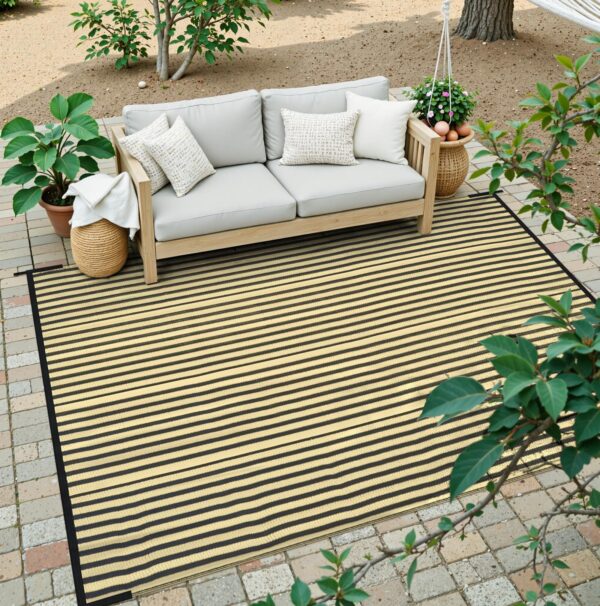 Outdoor Rug Waterproof for Patio Clearance Black and White Camping Rug 8x10 Plastic Straw Striped Floor Carpet for Backyard, Picnic, RV, Deck, Bench, Balcony