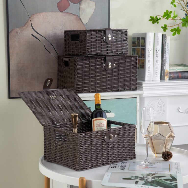 Set of 3 Woven Storage Basket Bin Wicker Hamper Stackable Box with Lid & Lock, Container Tote Cube Organizer for Nursery, Baby Toiletry, Diaper, Toys, Home Closet, Laundry, DVD, Book (Grey)