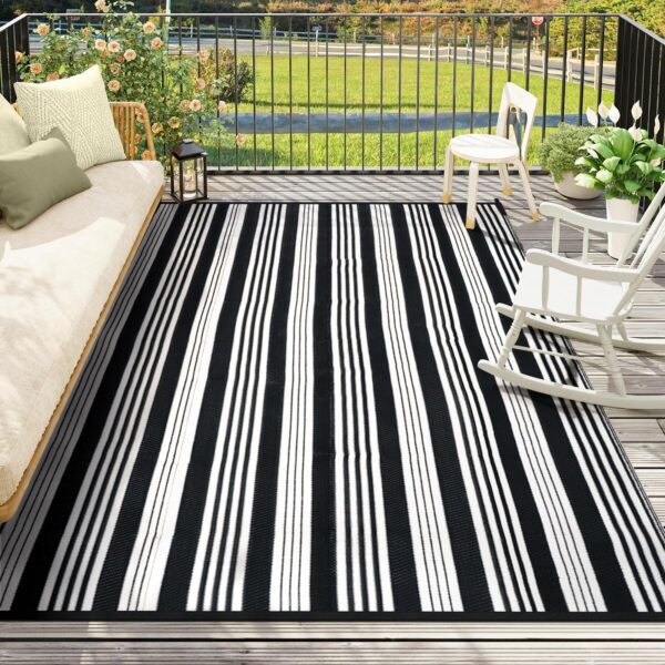 Outdoor Rug Waterproof for Patio Clearance Black and White Camping Rug 8x10 Plastic Straw Striped Floor Carpet for Backyard, Picnic, RV, Deck, Bench, Balcony