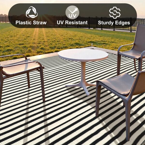 Outdoor Rug Waterproof for Patio Clearance Black and White Camping Rug 8x10 Plastic Straw Striped Floor Carpet for Backyard, Picnic, RV, Deck, Bench, Balcony