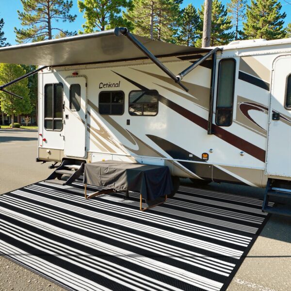 Outdoor Rug Waterproof for Patio Clearance Black and White Camping Rug 8x10 Plastic Straw Striped Floor Carpet for Backyard, Picnic, RV, Deck, Bench, Balcony