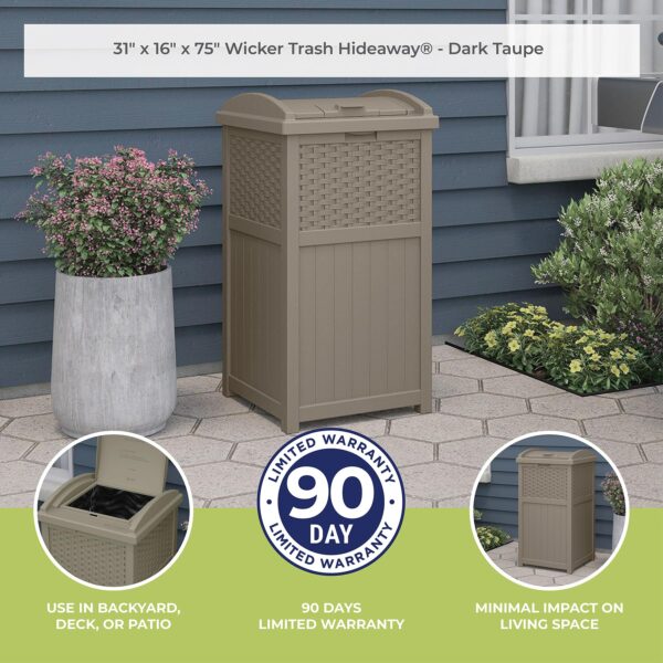 Suncast 33 Gallon Commercial Outdoor Trashcan Hideaway with Lid for 30 to 33 Gallon Trash Bags for Garage, Backyard, or Garden, Brown