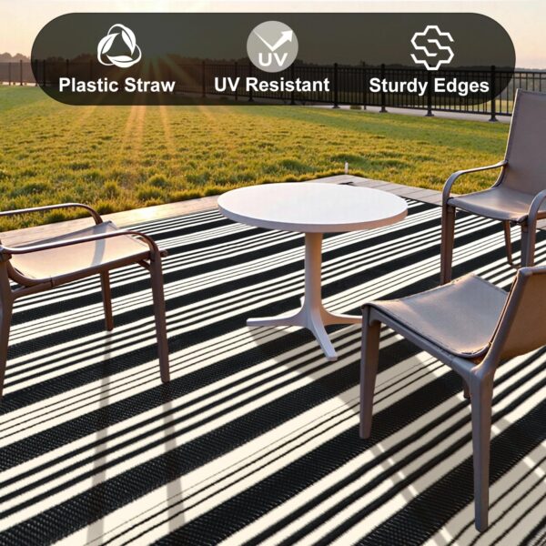 Outdoor Rug Waterproof for Patio Clearance Black and White Camping Rug 8x10 Plastic Straw Striped Floor Carpet for Backyard, Picnic, RV, Deck, Bench, Balcony