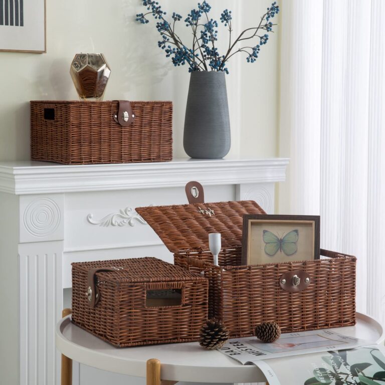 Set of 3 Woven Storage Basket Bin Wicker Hamper Stackable Box with Lid & Lock, Container Tote Cube Organizer for Nursery, Baby Toiletry, Diaper, Toys, Home Closet, Laundry, DVD, Book (Grey)